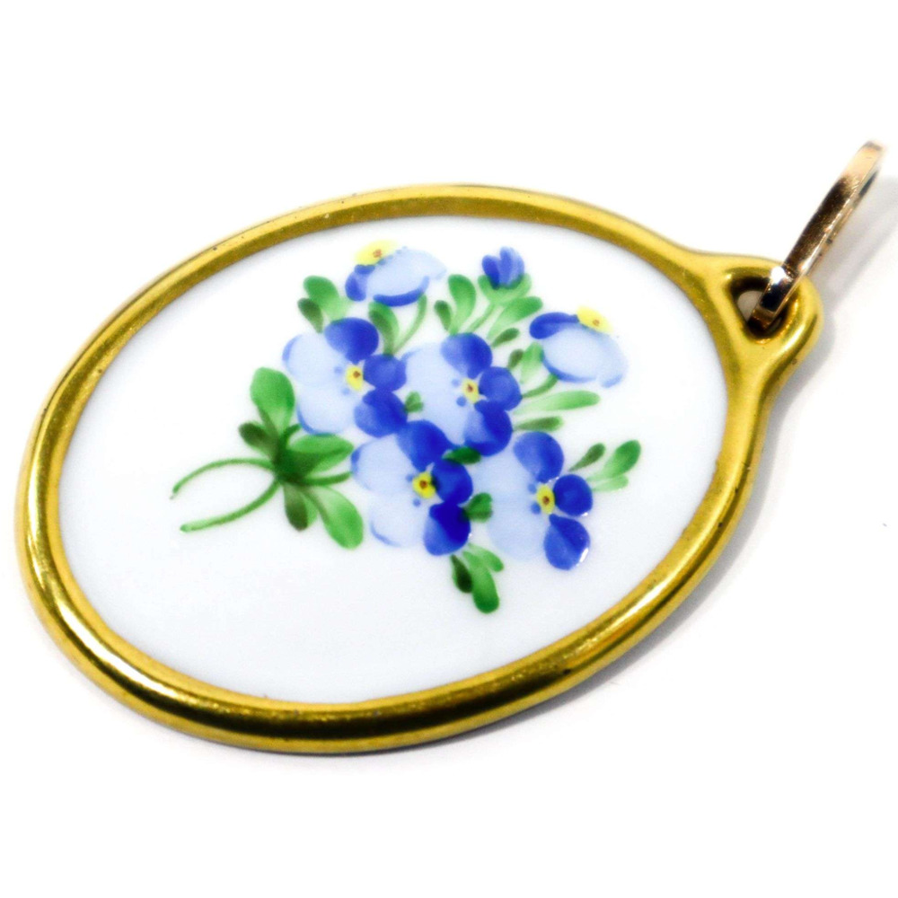 HEREND of Hungary Pendant Blue Pansies Hand Painted 24K Gold Accents 22" Chain